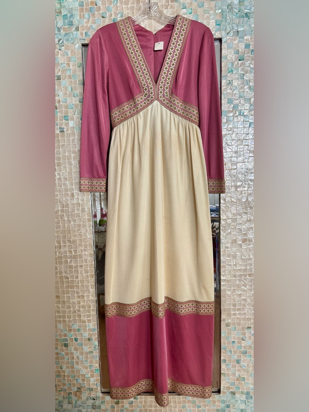Vintage 70s Embroidered Empire Waist Maxi Dress Pink Cream Size S